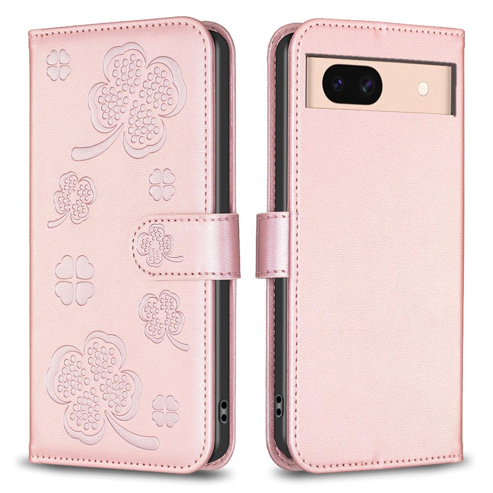 

For Google Pixel 8a Phone Case PU Leather Clover Imprinted Wallet Protection Cover Pink