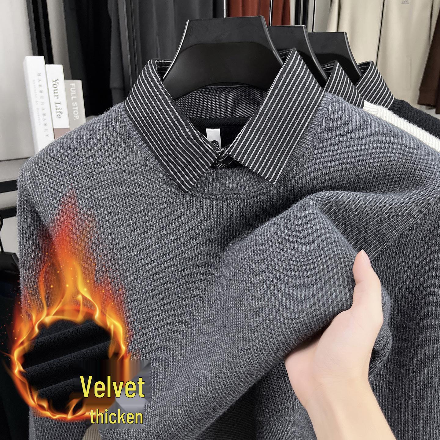 

Men s Winter Faux Layered Knitted Sweater with Shirt Collar 4XL-190 серый