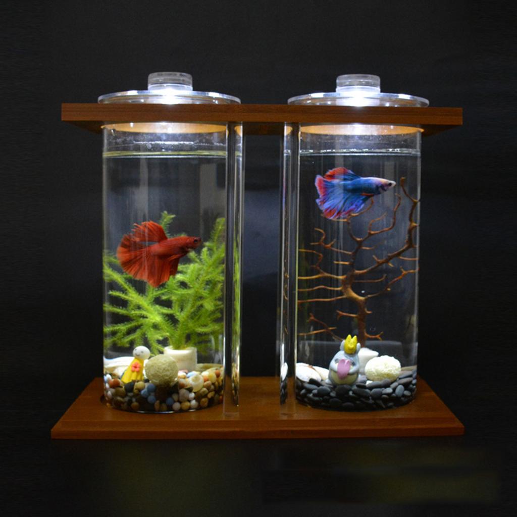 Desktop Mini Fish Tank, Dual-Cylinder Acrylic Aquarium with LED Lighting, Small Transparent Fishbowl for Home Office Desk Decor
