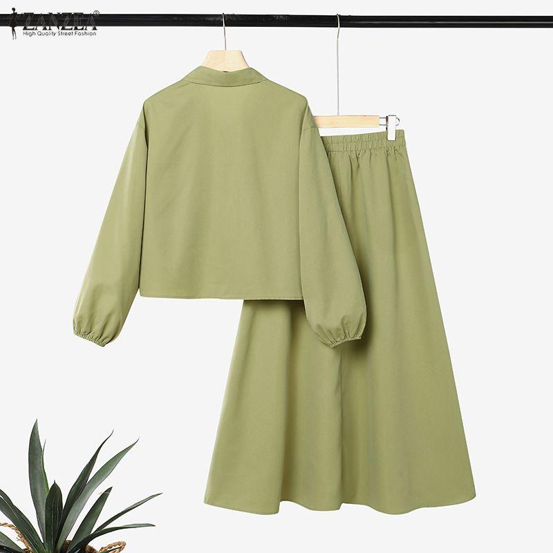 ZANZEA Women Two Piece Outfit Solid Color Button Down Long Sleeve Shirt and A Line Midi Skirt Sets