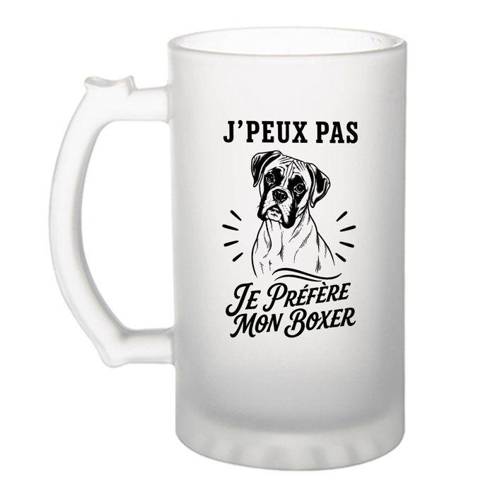 Chope à bière - PLANETEE - J’peux pas je préfère mon Boxer - Verre trempé givré - 470 ml - Imprimée en Bretagne