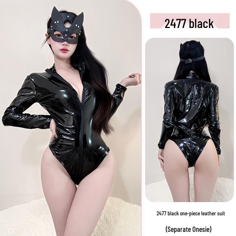 Patent Leather Open Crotch Bodysuit - Sexy Lingerie Set for Women with Small Bust, Pure Desire Sleepwear 