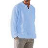Cotton Linen Men Shirt Brief Breathable Comfy Solid Color Long Sleeve V Neck Casual Blouse Hawaiian Shirt Oversize Tops
