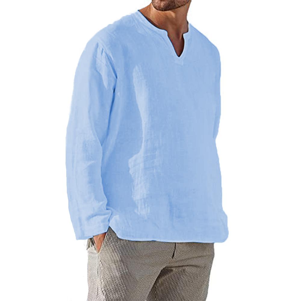 Cotton Linen Men Shirt Brief Breathable Comfy Solid Color Long Sleeve V Neck Casual Blouse Hawaiian Shirt Oversize Tops