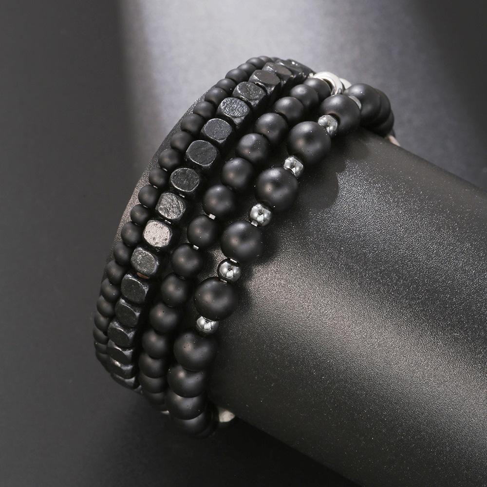 Popular Men's Sand Wood Bead Bracelet Hematite Beaded Bracelet Set Men's Black Agate Bead Elastic Bracelet