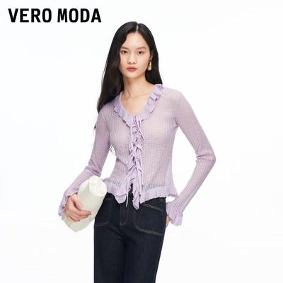 Women's V-Neck Bow Tie Ruffle Knit Top