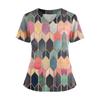 Women's Loose Short Sleeved Fashionable Square Printing V-neck Buttonable Side Slit Top T-shirt
