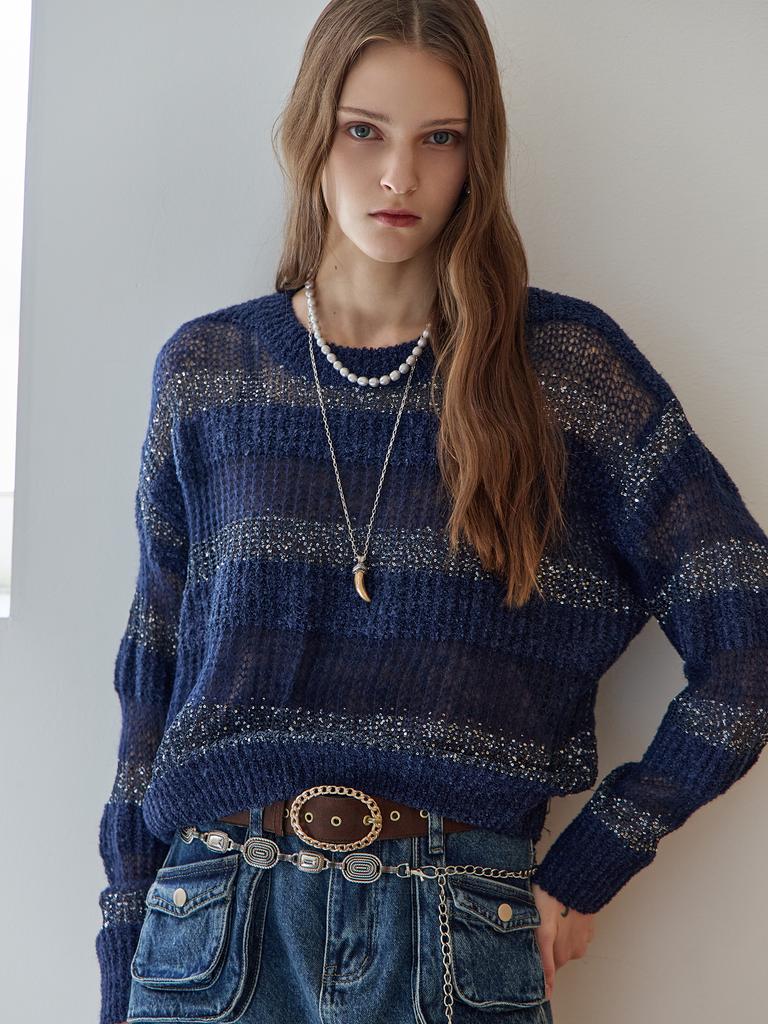 MAXZA Sequin Mix Stripe Loose Fit Boucle Knit