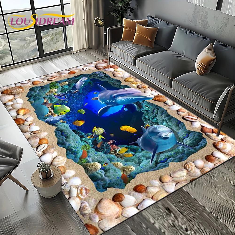 Underwater World 3D Illusion Seabed Cartoon Shark Dolphin Carpet Rug for Living Room Bedroom Home Sofa Decoration,Floor Mat Kid