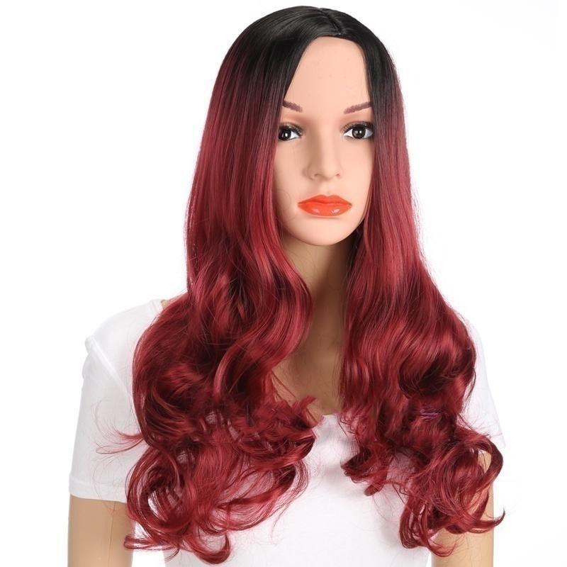 MISS WIG Beautiful Long Wave Wig Ombre Black Brown Pink Red Wine Color Synthetic Fiber Wig for Women