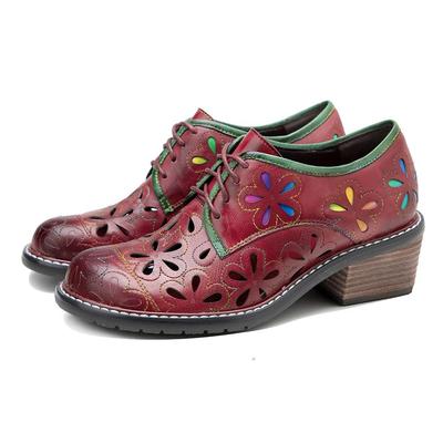 Escarpins polyvalents en cuir véritable pour femmes, chaussures Vintage brossées à la main, contraste ajouré, talons épais