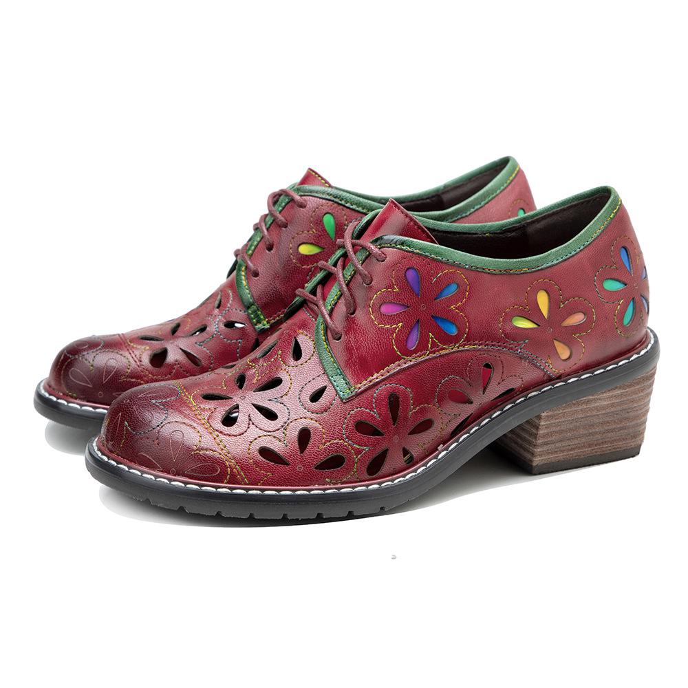 Johnature Genuine Leather Versatile Women Pumps Hand Brushed Vintage Contrast Hollow Out Thick Heels Shoes
