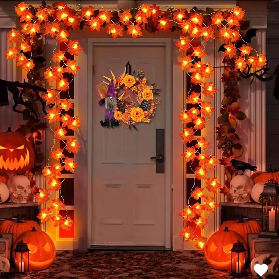 1.5/3/6M Halloween LED Lights String,Artificial Maple Leaf Lantern Garland,Halloween Christmas Thanksgiving Day Home Decorations