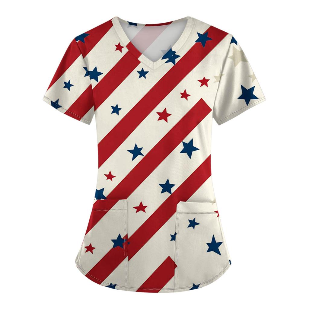 Damenmode V-Ausschnitt Kurzarm Overalls mit Taschen Unabhängigkeitstag Bedruckte Oberteile Kleidung
