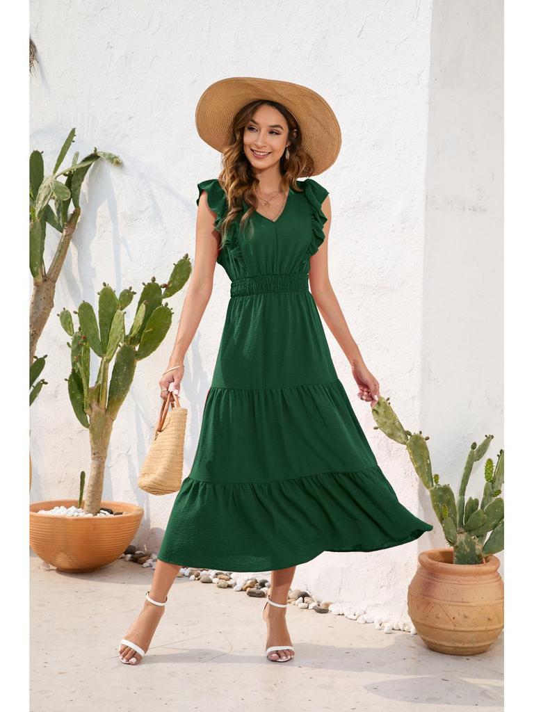 "V-Neck High Waist Layered Maxi Dress - Casual Holiday Travel"