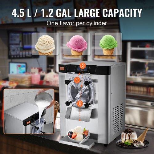 VEVOR Commercial Ice Cream Machine, 12 L/H Yield, 1295W Single Flavor Countertop Hard Serve Ice Cream Maker, 4.5L Stainless Steel Cylinder