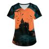 Women's Halloween Printed V-Neck Short Sleeve Scrub Top with Pockets