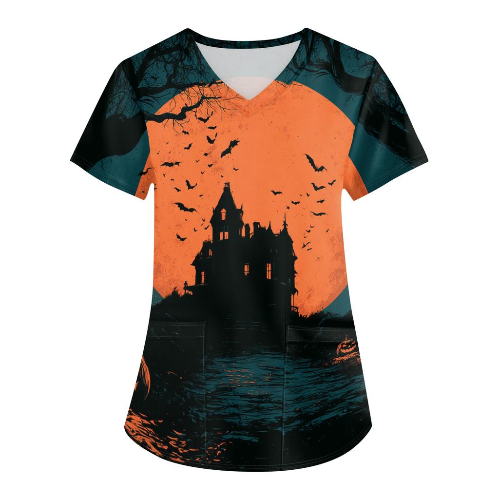 Women's Halloween Printed V-Neck Short Sleeve Scrub Top with Pockets