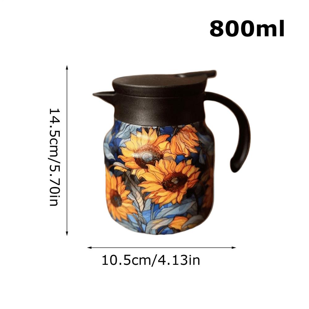 Tea Kettle 800ml Coffee Carafe Kettle Insulated Floral Pattern Teapot Stainless Steel Vacuum Thermal Pot for Brewing Filtering