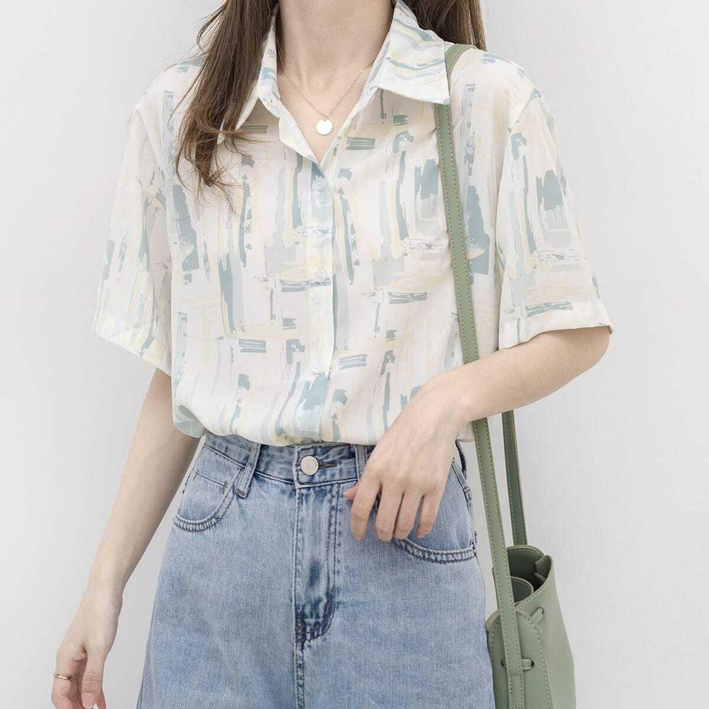 Hong Kong-Inspired Ink Wash Sun Protection Short Sleeve Shirt for Women