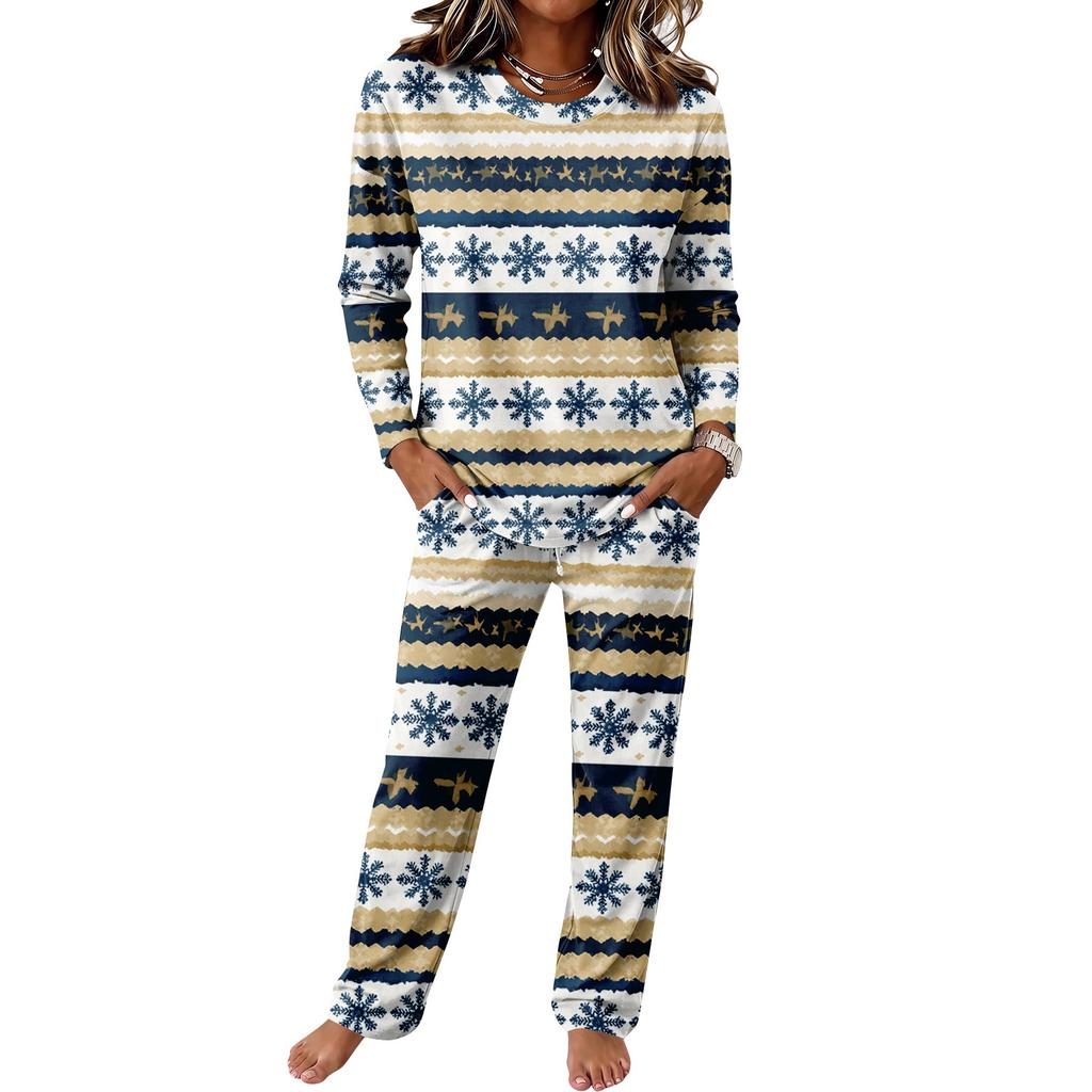 Pajama Set with Round Neck Long Sleeve Top and Wide Leg Pants for Casual Home Wear