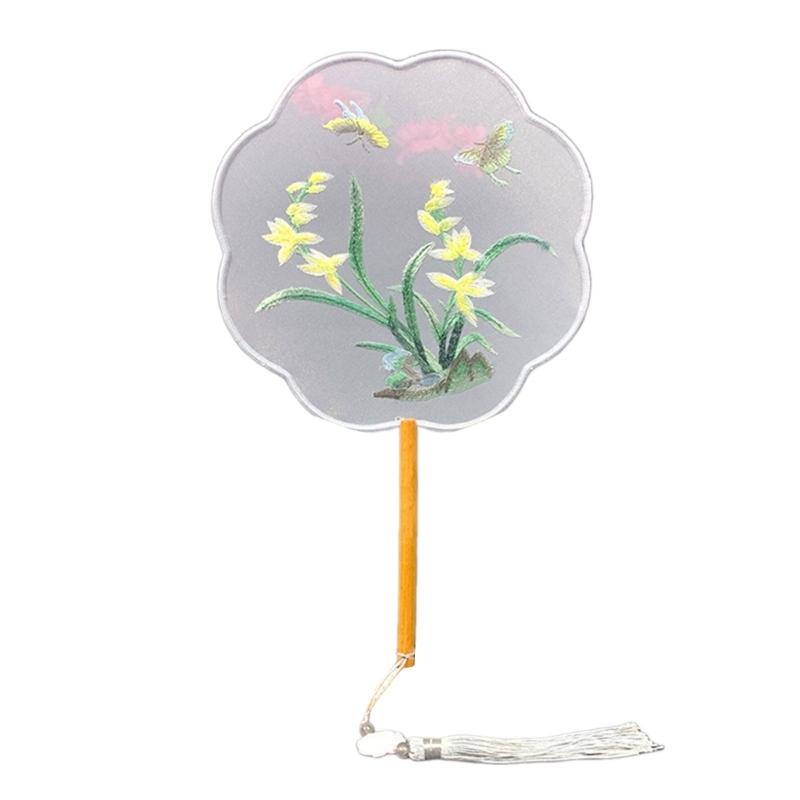 Chinese Styles Ancient Embroidery Fan Decorations Long Handle Tassels Double Side Hand Fan for Womens Girl Performances