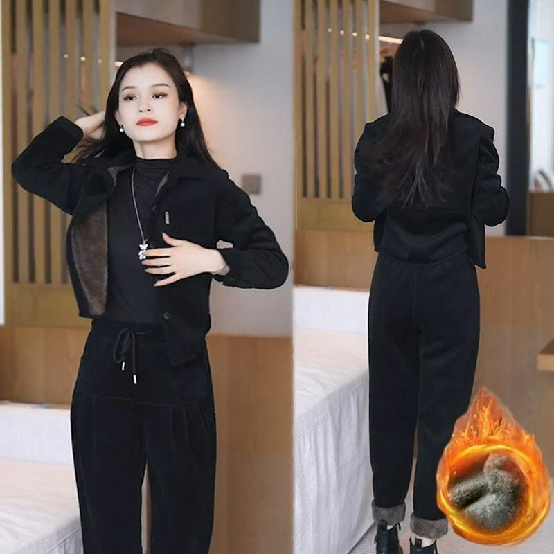 

Winter Plus Velvet Thickened Casual Suit Women s Fashion Western Style Small Ladies Sportswear Two-piece Suit XXXXL чорний