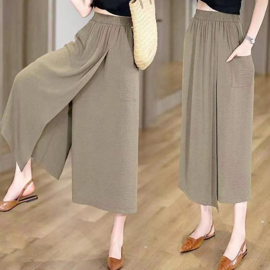 Dámské letní kalhoty elastické s vysokým pasem široké nohavice dlouhé kalhoty jednobarevné rozparkované manžety volný střih sukně kalhoty denní nošení