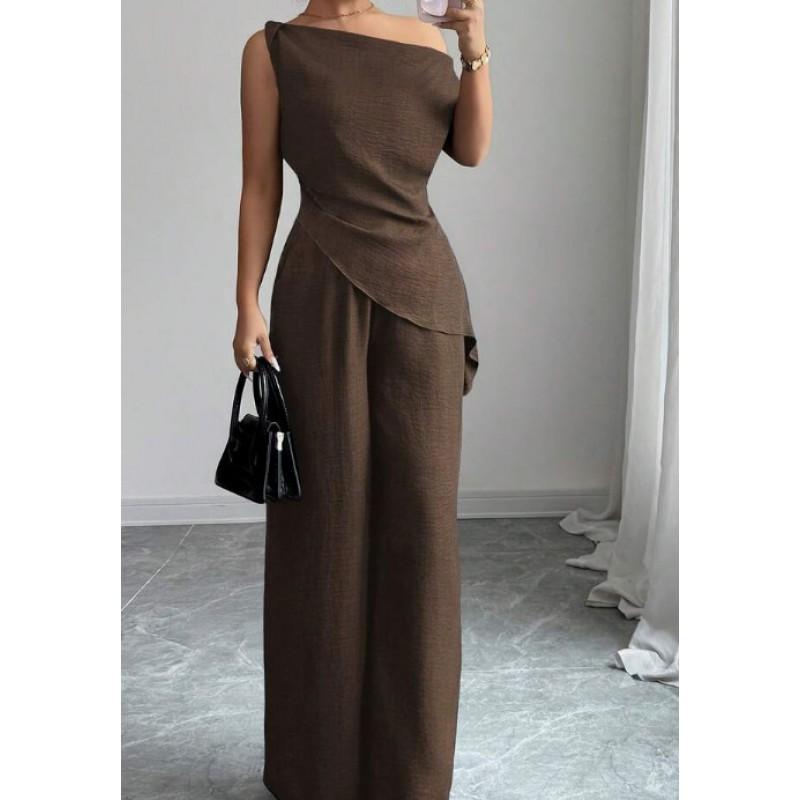 2026 Womens Off-Shoulder Sleeveless Solid Color Wide Leg Pants Set Casual Outfit
