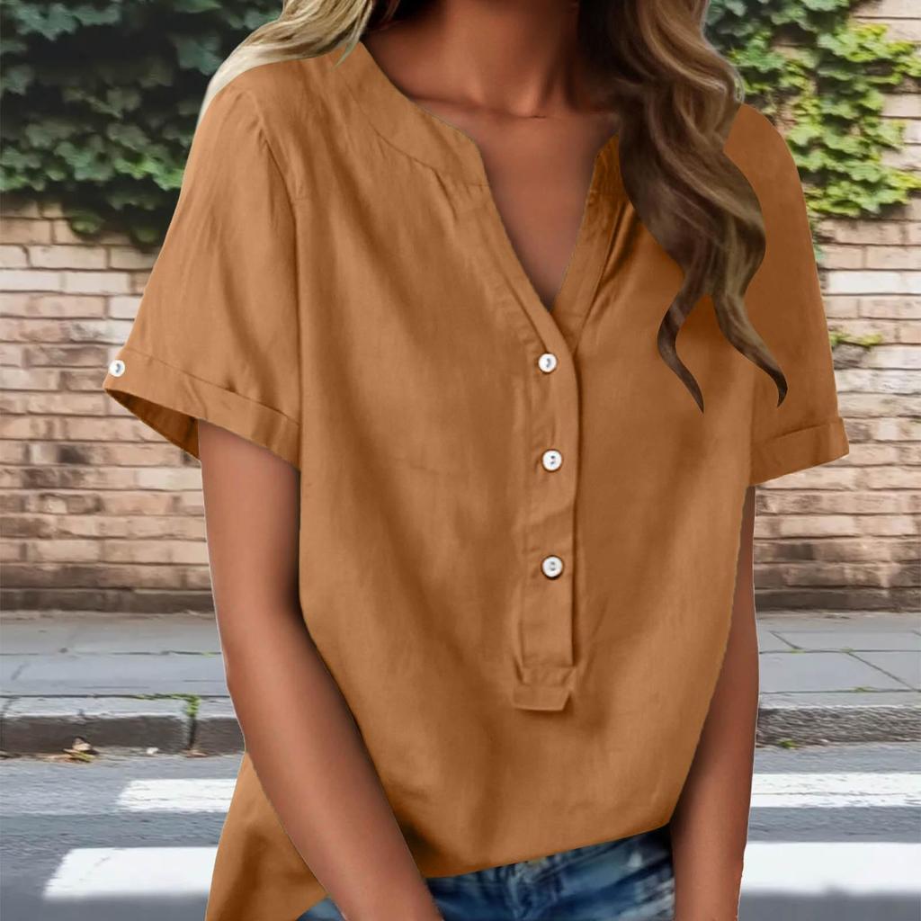 Fashionable Women's Linen V-neck Button Up Half Open Design, Fashionable Short Sleeved Shirt Color Top