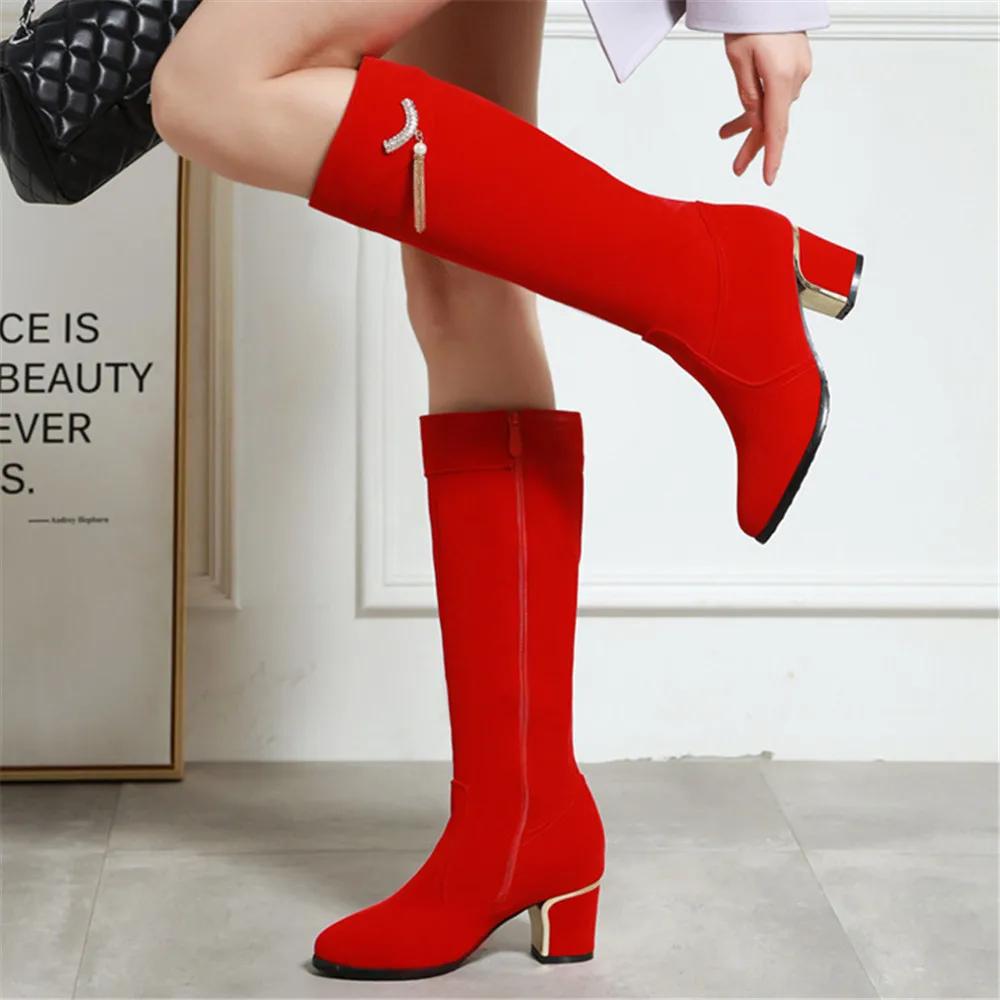 Fashion New Knee High Boots Women Shoes Ladies Fashion High Heels Winter Party Tassel Thick Bottine Mujer Large Size 32-43 Red Black