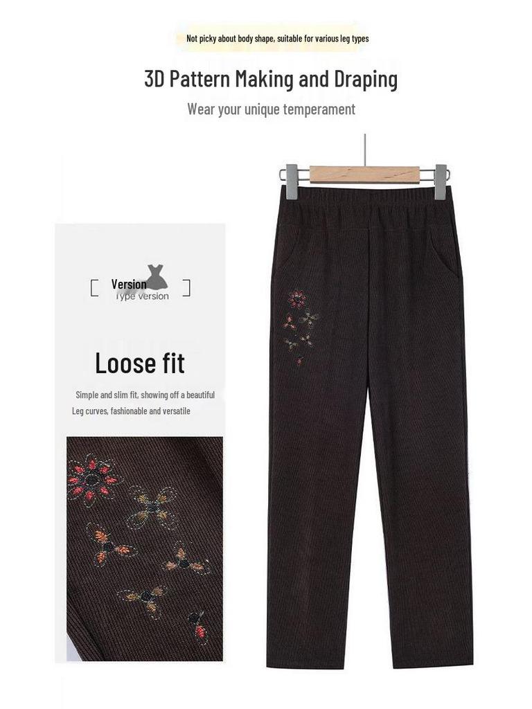Women's Plus Size High Waist Corduroy Pants for Middle-aged & Elderly - Autumn/Winter, Thickened Velvet, Straight Leg, Mom & Grandma Fit