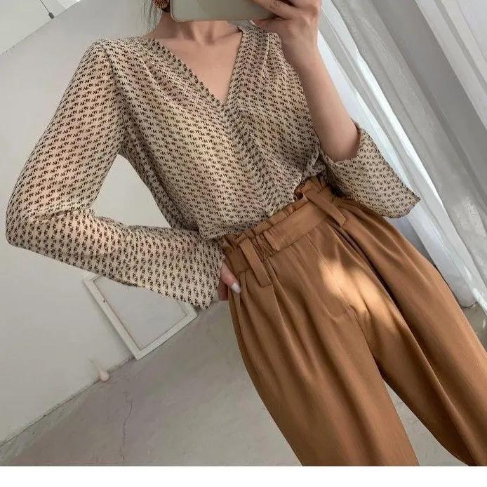 Women Elegant V Neck Vintage Blouses Lady Long Sleeve Loose Casual Chiffon Shirts