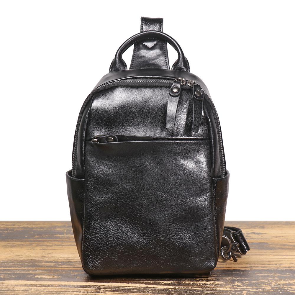 Men S Leather Leisure Travel Messenger Bag Vegetable Tanned Leather Shoulder Backpack Cowhide Large Capacity Breast Bag чёрный