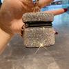 Genuine Leather Mini Pouch with Rhinestones Detachable Chain for Bag Charm Keychain Portable Earphone Case Lipstick Holder