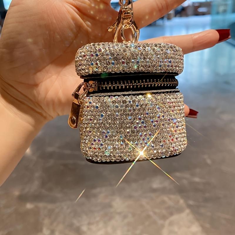 Genuine Leather Mini Pouch with Rhinestones Detachable Chain for Bag Charm Keychain Portable Earphone Case Lipstick Holder
