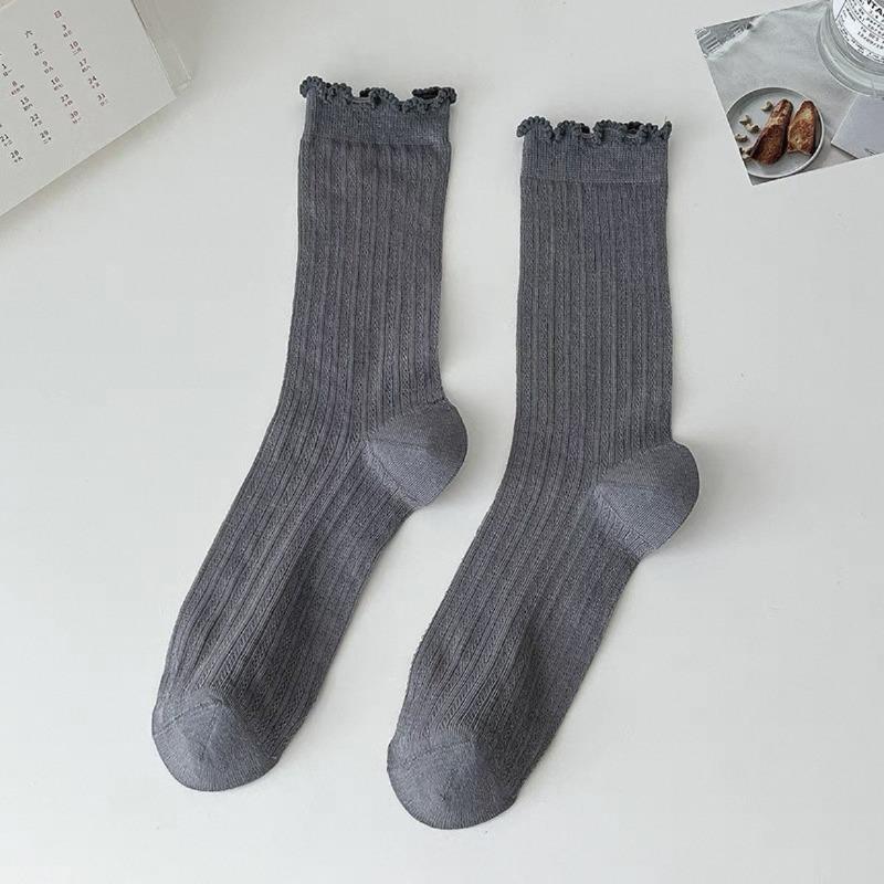 Women's Summer Thin Solid Color Wood Ear Lace Mesh Breathable Tube Stack Socks