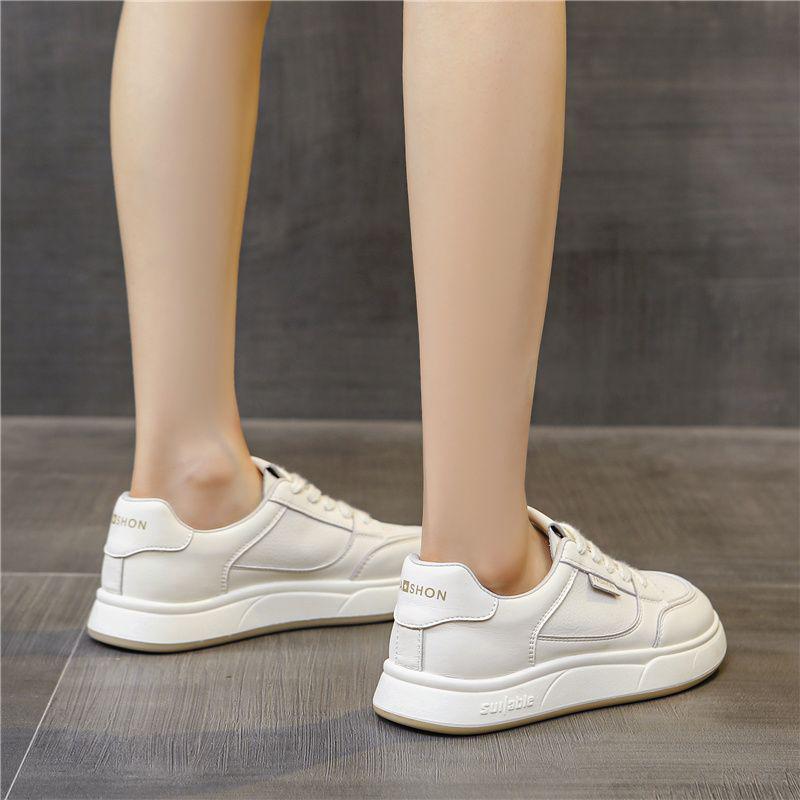 Women's Versatile Thick-Soled White Leather Sneakers for Spring & Autumn - Casual Sports & Skate Shoes