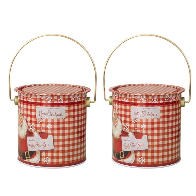 Pack Of 2 Christmas Treat Boxes with Handle Handheld Round Bucket Tinplate Sweets Cookie Container for Party Use