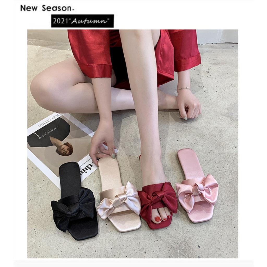 Silk Fabric Bow, Flat Bottomed Slippers, Breathable Casual Women's Shoes, Lightweight Cool Slippers