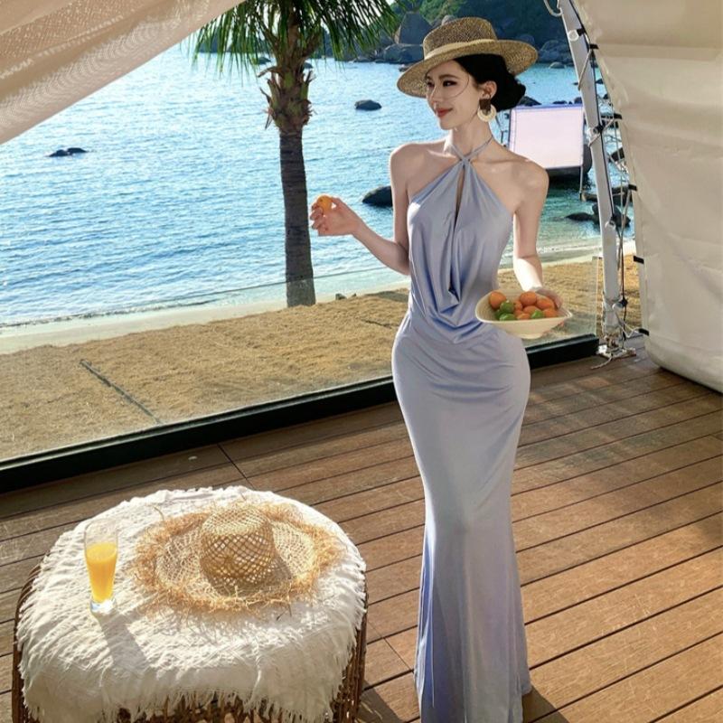 Pure Desire Swinging Collar Slim and Thin Sexy Hollow Neck Dress Temperament Vacation Dress S