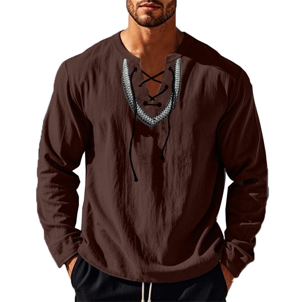 Men's Loose Casual Cotton And Linen Drawstring Collared Shirt Top