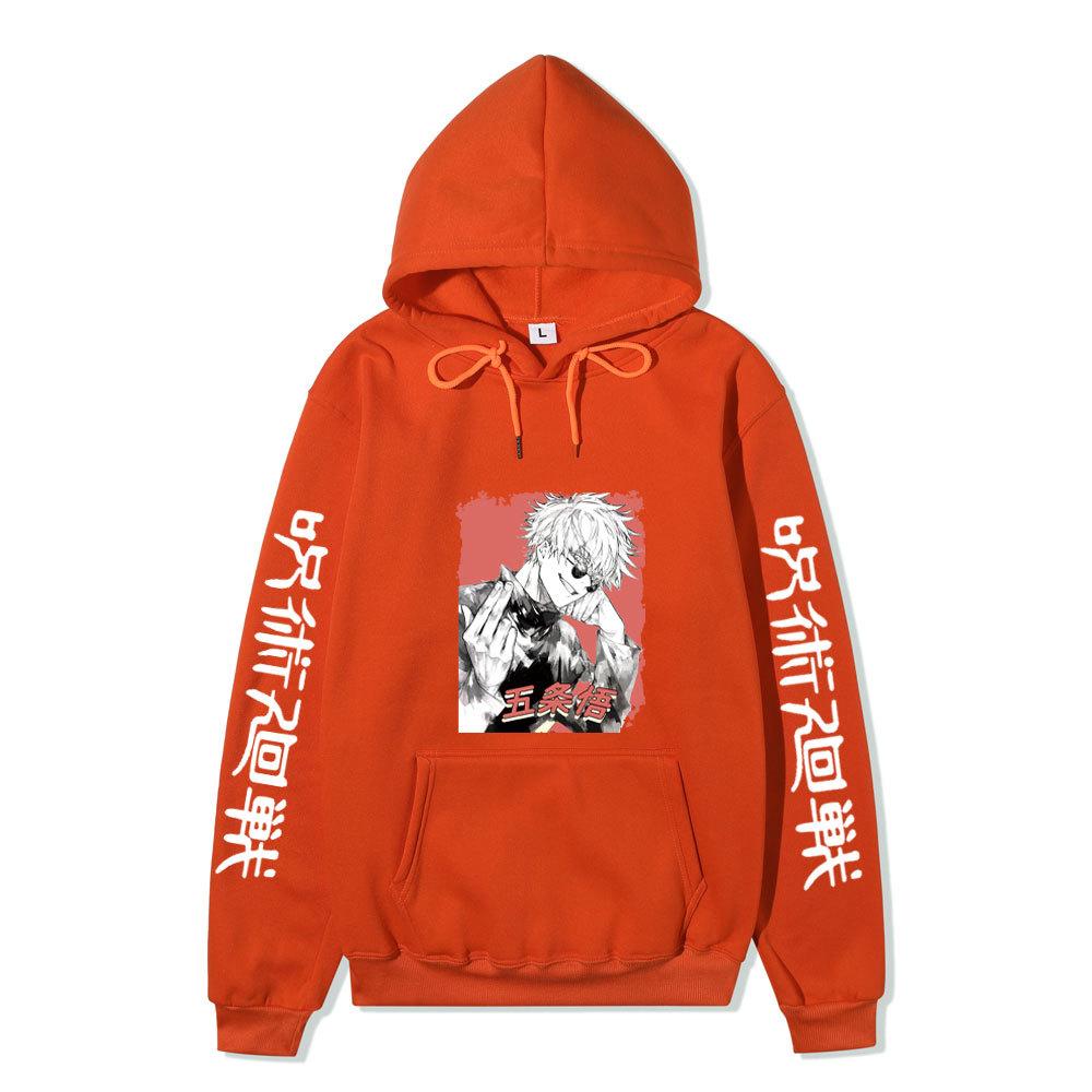 Jujutsu Kaisen Satoru Gojo Hoodie Unisex Fleece Sweatshirt Red Background Manga Portrait Kanji Sleeve Autumn Winter Pullover