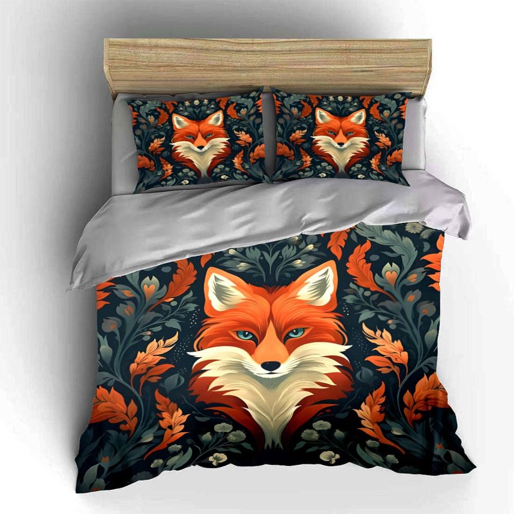 Fiery Red Fox And Botanical Print Bedding Set For Kids Luxury Gift 3Pcs Digital Print Comforter Set Soft Comfortable Breathable