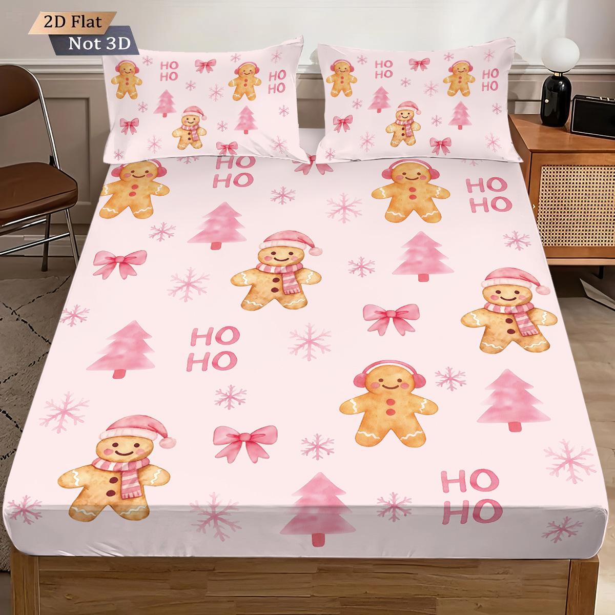 

3pcs pink Christmas gingerbread printed coreless bed sheet set multiple sizes comfortable bed covers bedding holiday decorations 90x191cm