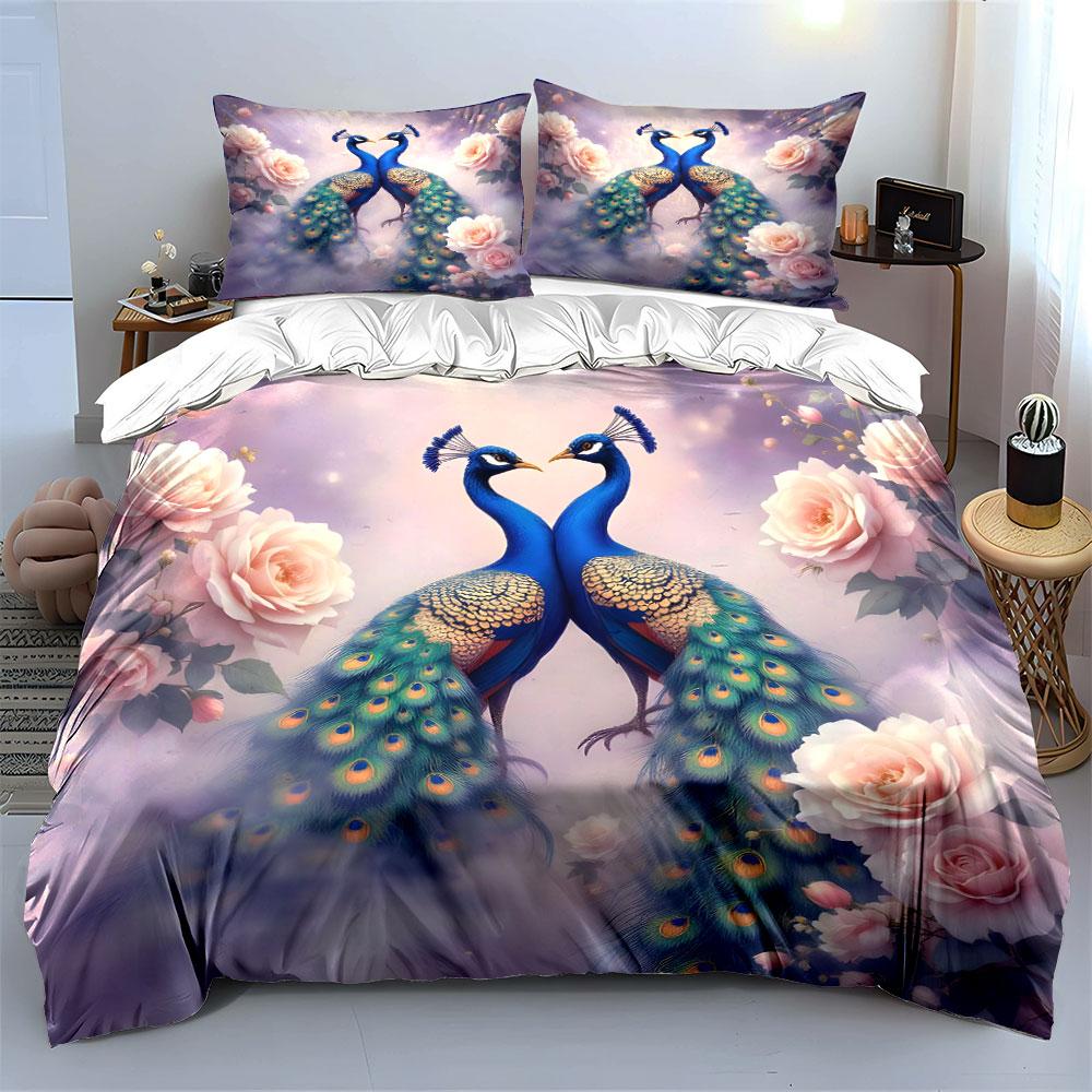 Elegant Peacocks And Pink Roses Duvet Cover Set With 3D Printing Design Soft Polyester Bedding Set All-Season Comfort