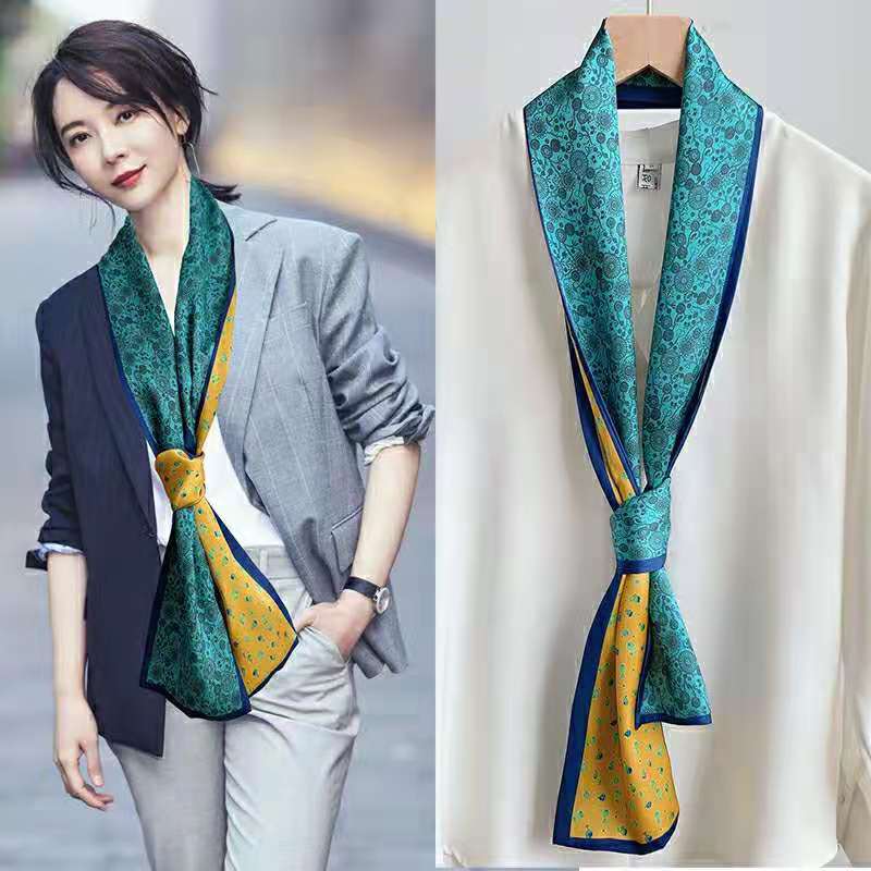 Luxury Silk Long Scarf Women Bag Handle Ribbon Ladies Plaid Print Headband Small Hair Scarves Band Female Handkerchief