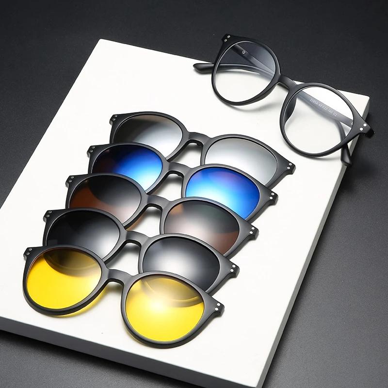5 In 1 Magnet Sunglasses Women Polarized Clip On Glasses Men Round Prescription Optic Reading Glasses Driving Sun Glasses F