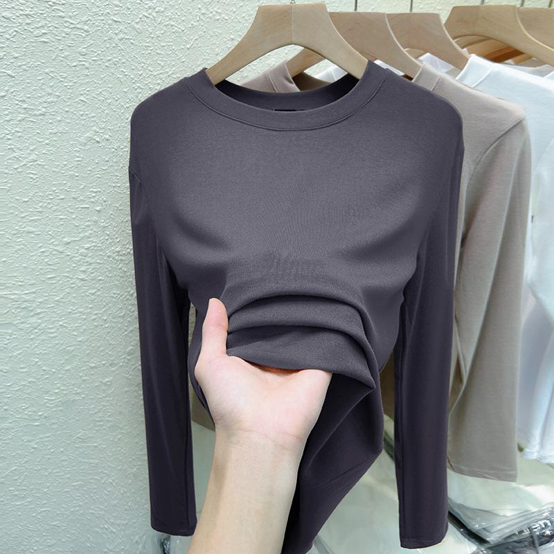 2025 Women's Stretch Cotton Long Sleeve T-shirt, Solid Color, Round Neck, Korean Style Top