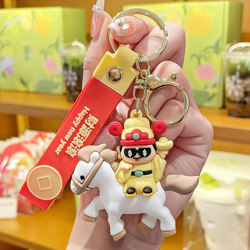 2026 God of Wealth Keychain: Festive Red New Year Pendant & Cartoon Bag Ornament